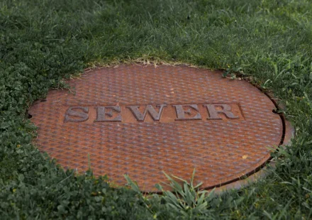 sewer manhole cover in grass
