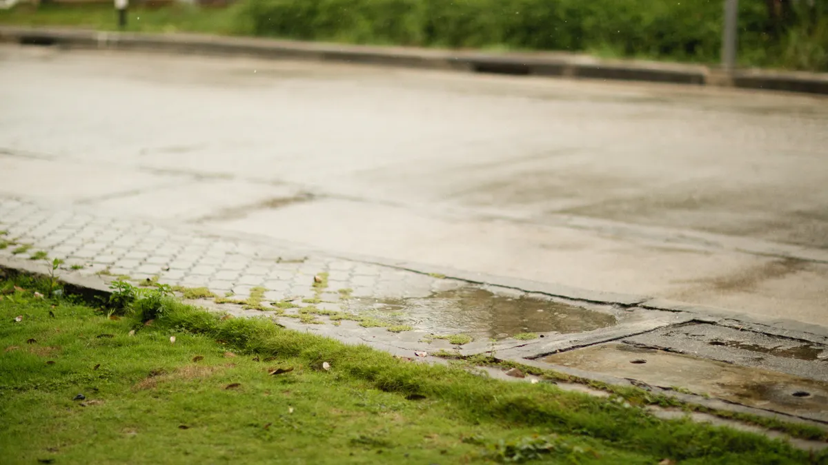 wet pavement with runoff beside grass